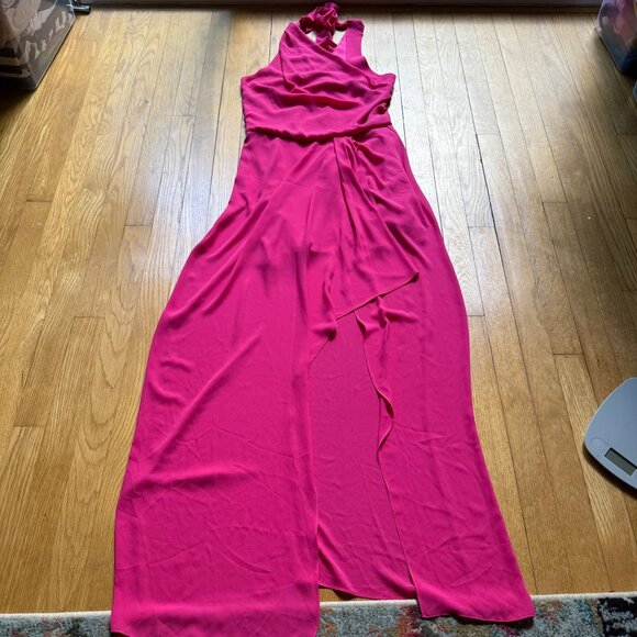Halston Size 2 Fuchsia Azalea Asymmetric Draped Sleeveless Tie Back Maxi Gown - Picture 12 of 16
